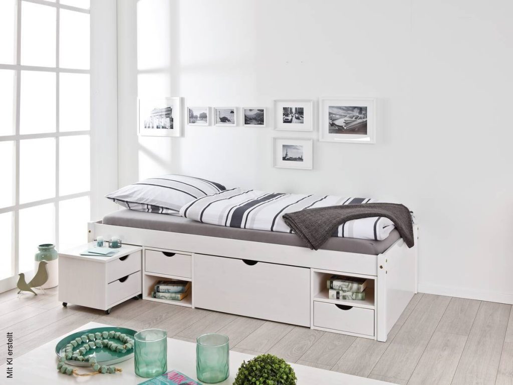 Poco Funktionsbett Till in Weiß in einem hellen Schlafzimmer