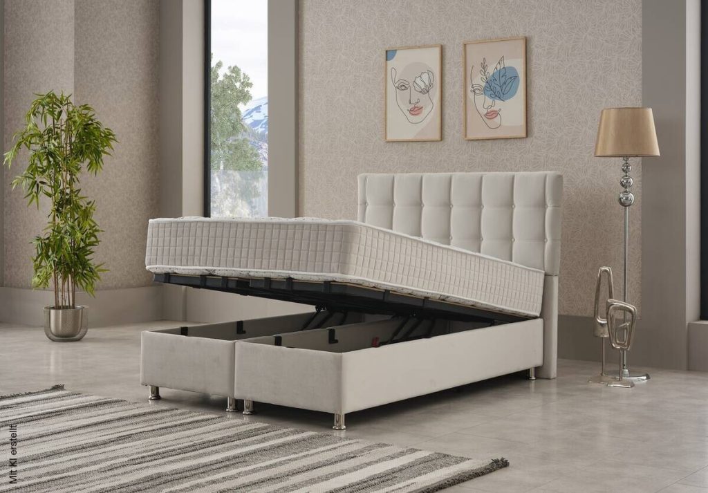 Poco Polsterbett Etna in Creme mit geöffnetem Bettkasten