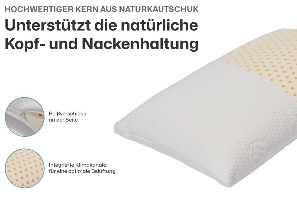 Ravensberger Nackenkissen Latex – Aufbau mit Naturkautschukkern und seitlichem Reißverschluss