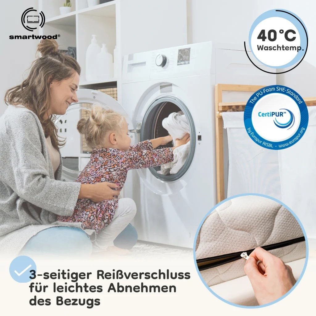 Abnehmbarer Bezug der Smartwood Kindermatratze vor der Waschmaschine