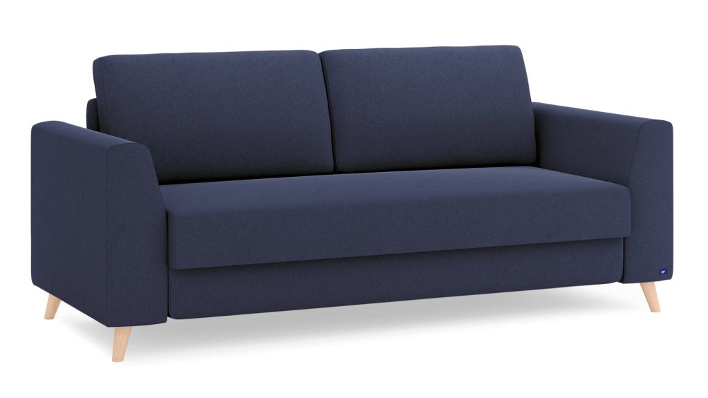 Bruno Schlafsofa in Blau als Dreisitzer mit Armlehne Klassik und Buchenfüßen