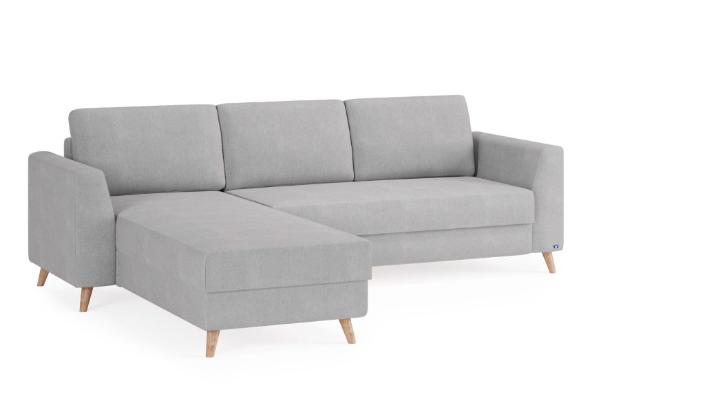 Bruno Ecksofa in Hellgrau mit langer Recamiere links in der Schrägansicht
