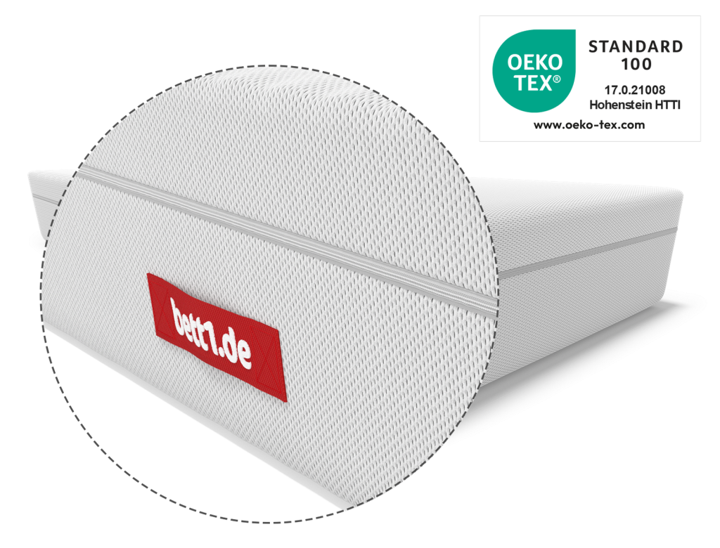 bett1.de BODYGUARD Boxspring Matratze Weich – Nahaufnahme von Bezug und Griff mit OEKO-TEX-Label