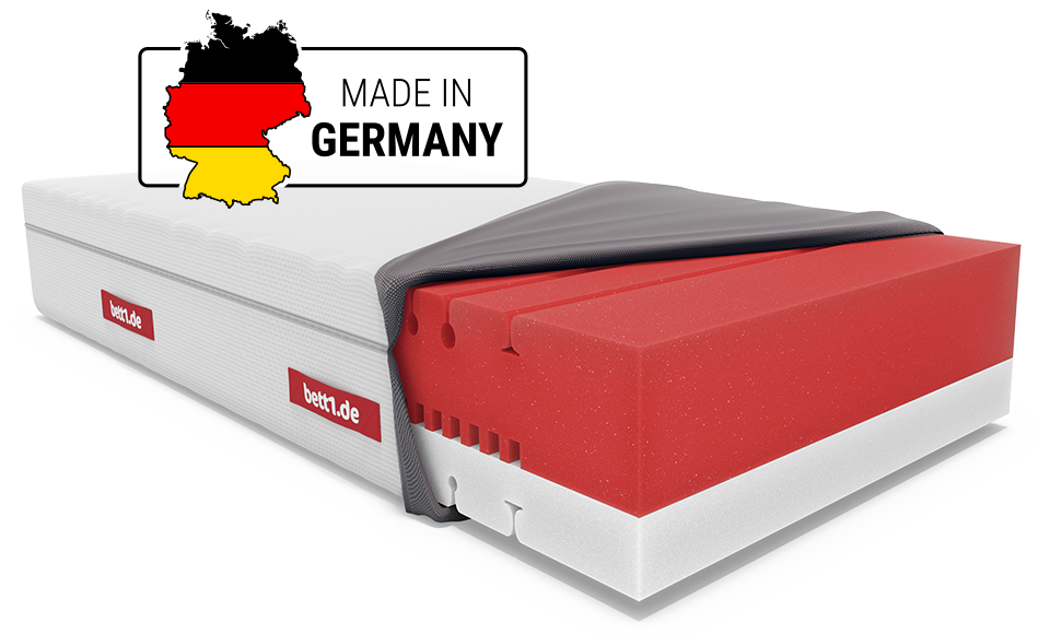 bett1.de BODYGUARD Boxspring Matratze Weich mit geöffnetem Bezug und Made-in-Germany-Hinweis