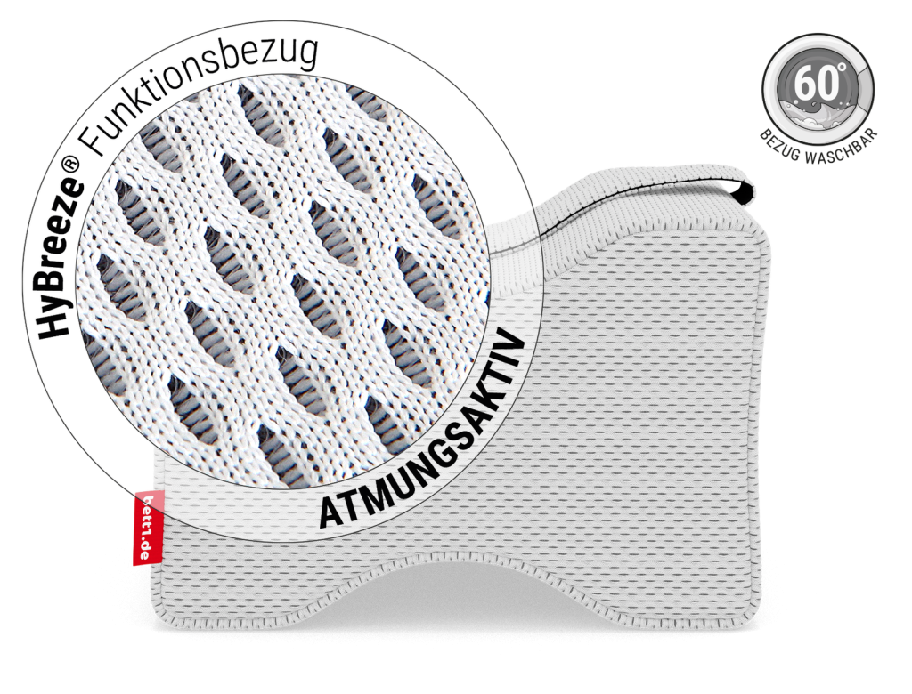 bett1 BODYGUARD Kniekissen – Nahaufnahme des HyBreeze-Bezugs, waschbar bei 60 °C
