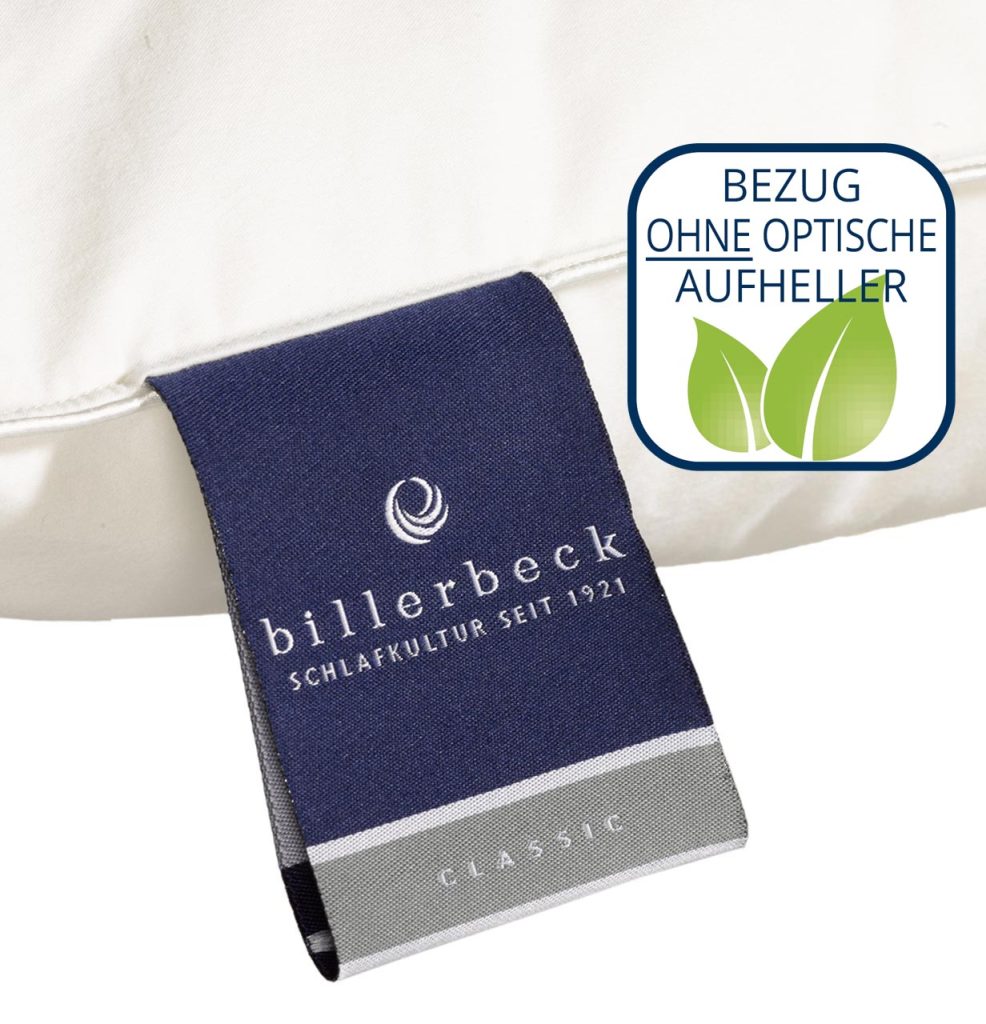 Etikett der Billerbeck Classic-Linie am Nena-Daunenkissen, Detailaufnahme