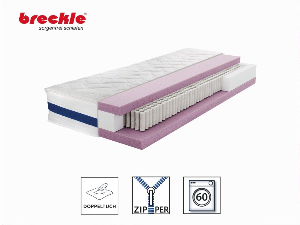Breckle 1000 Pur Matratze mit aufgeschnittenem Taschenfederkern auf weißem Hintergrund
