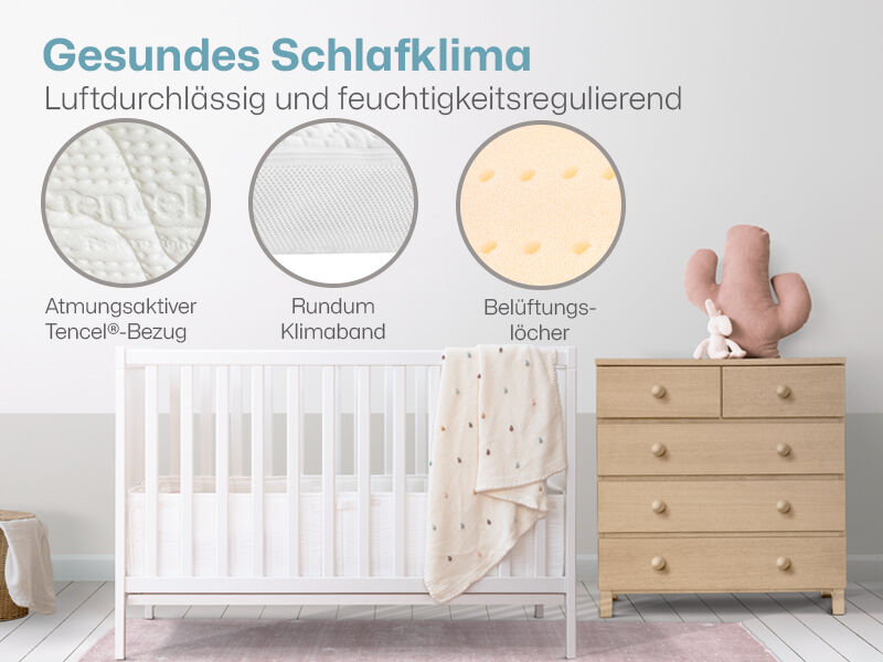 Ravensbärchen Mini im weißen Babybett im Kinderzimmer mit Details zum TENCEL-Bezug