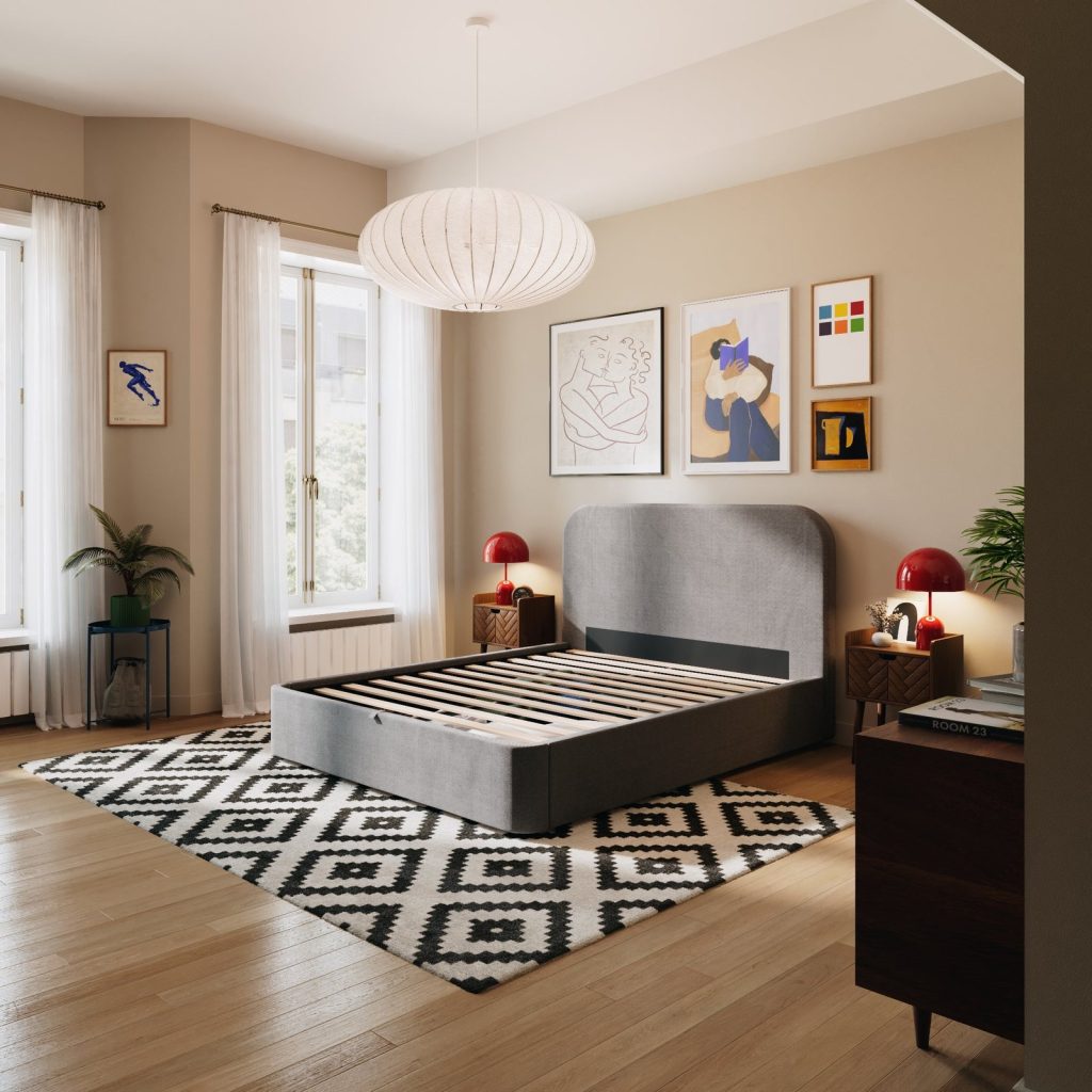 Slome Bett Nova mit Stauraum in Grau im Schlafzimmer