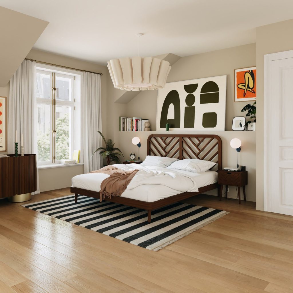 Slome Holzbett Ali in dunklem Holz im Schlafzimmer