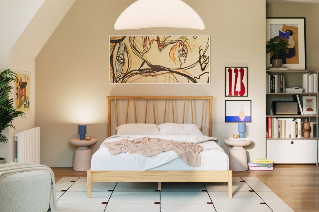 Slome Bett Leni mit Matratze und Bettwäsche im Schlafzimmer