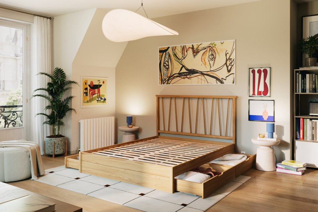 Slome Bett Leni mit geöffneten Schubladen im Schlafzimmer