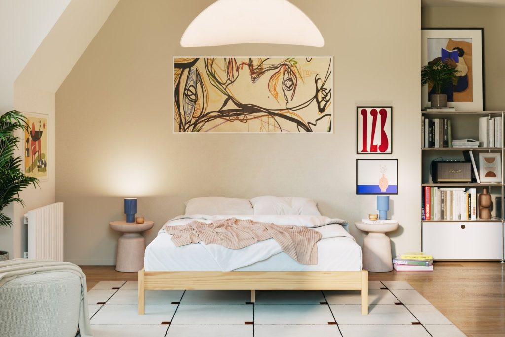 Slome Bettgestell Leni mit Matratze und Bettwäsche im Schlafzimmer