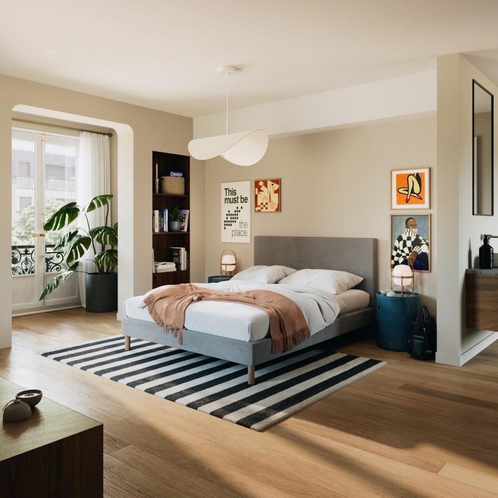 Slome Polsterbett Original in Grau, bezogen im Schlafzimmer