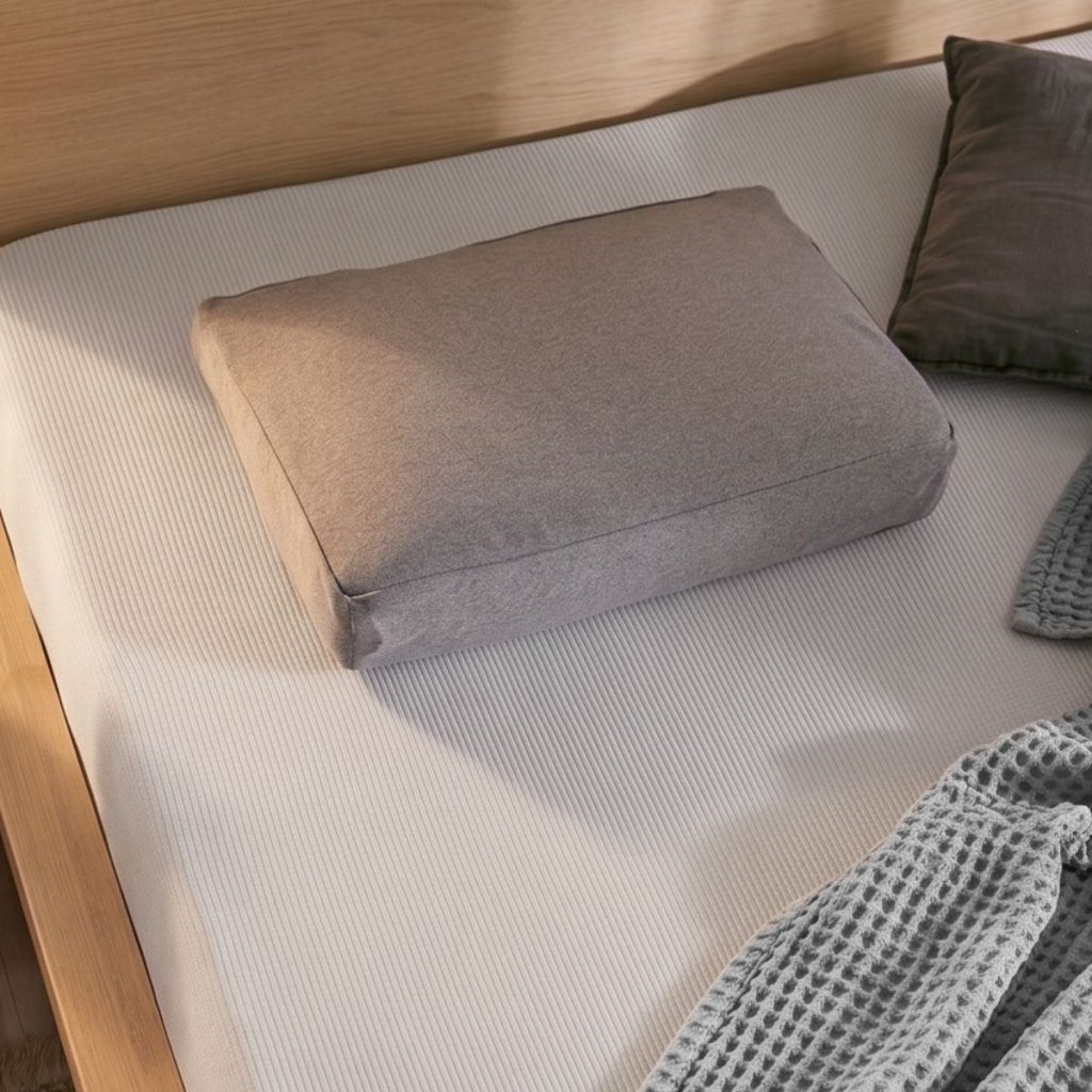 Theraline Das Kopfkissen auf einem Bett mit hellem Laken