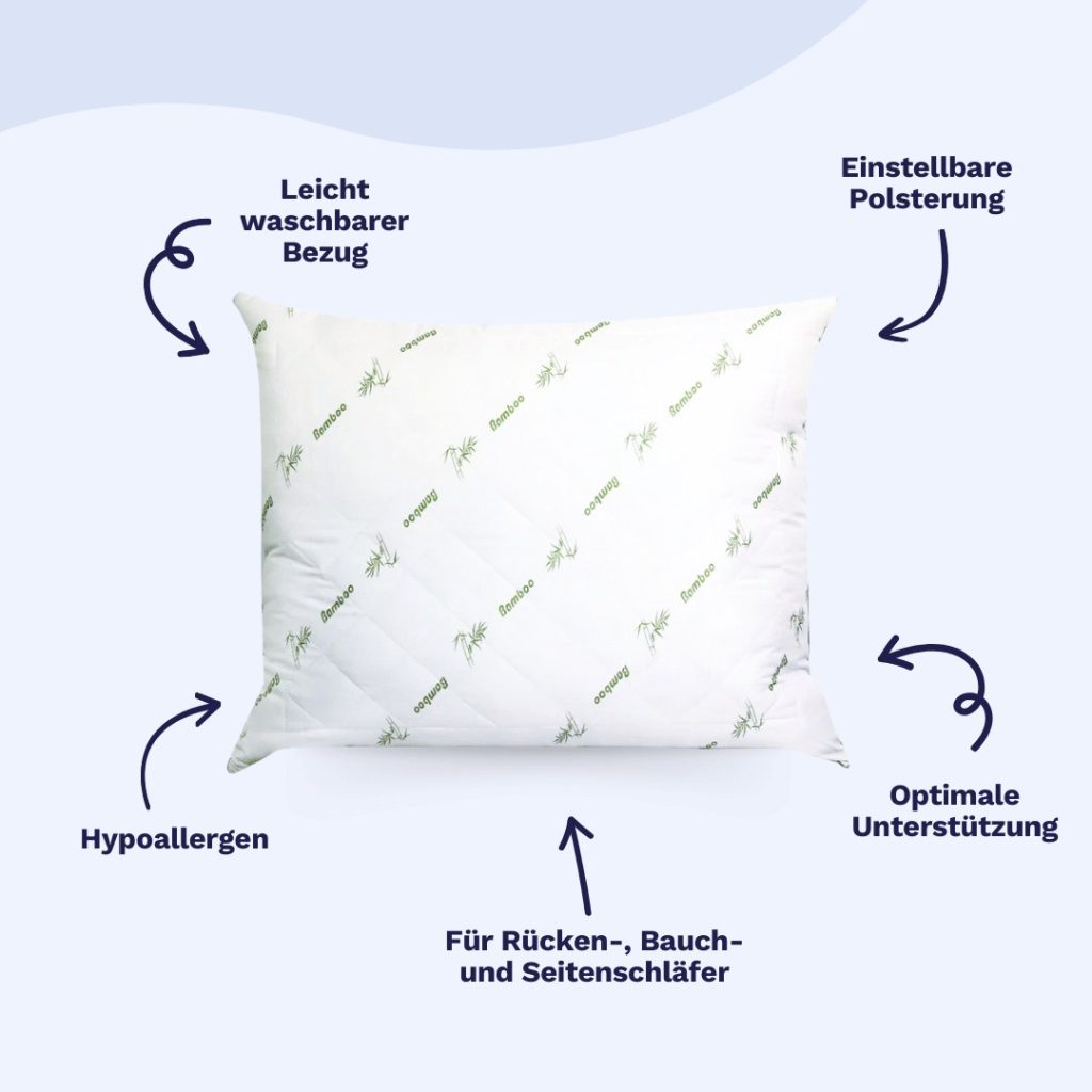 Zelesta BambooPillow mit beschrifteten Eigenschaften wie waschbarer Bezug und verstellbare Füllung