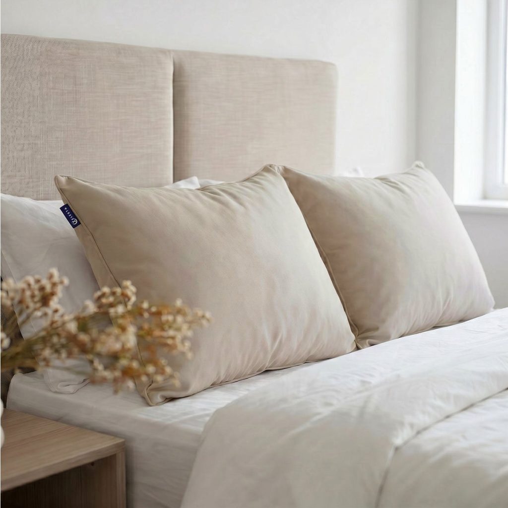 Zwei Zelesta Comfort Kopfkissen in Sandbeige auf einem Bett im Schlafzimmer