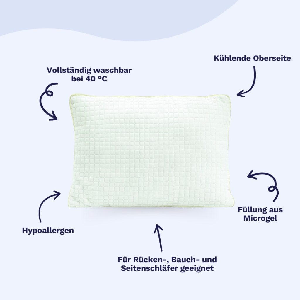 Zelesta Cooling Pillow Microgel mit beschrifteten Eigenschaften wie 40 °C waschbar